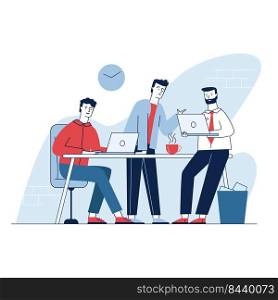 Three man having business meeting in office. Employees discussing work project flat vector illustration. Teamwork, discussion, conference concept for banner, website design or landing web page