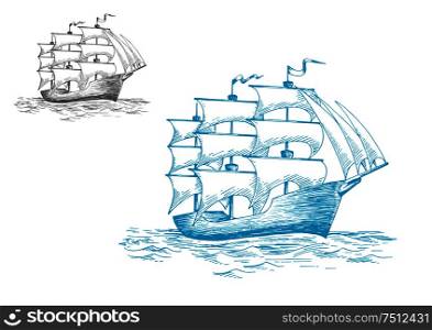 Three masted old wooden schooner or tall ship under full sail on the ocean, sketch image. Schooner under full sail on the ocean