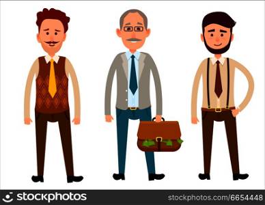 Three men of different looks isolated on white. First Caucasian man with curly hair and whisker, second gray-haired male with bag full of dollar money, third hipster boy with beard vector illustration. Three Men of Different Looks Flat Cartoon Theme