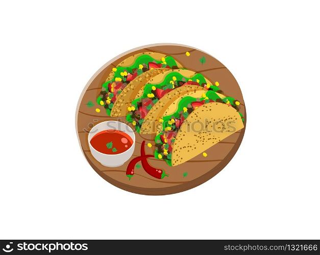 Three Mexican tacos on a wooden tray with spicy sauce and chili peppers. Vector illustration.. Three Mexican tacos on a wooden tray with spicy sauce and chili peppers