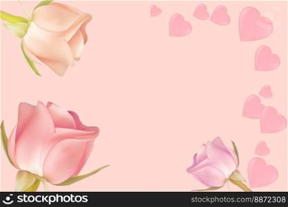 Three multi-colored roses on a light background with copy space. Concept for valentine&rsquo;s day, birthday, mother&rsquo;s day, women&rsquo;s day. Universal holiday background. Vector image.