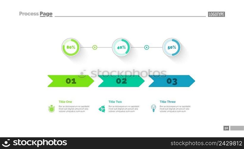 Three options percentage chart slide template. Business data. Arrow, diagram, design. Creative concept for infographic, presentation. Can be used for topics like marketing, statistics, finance.