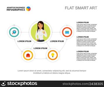 Three options process chart template for presentation. Vector illustration. Diagram, graph, infochart. Company, consulting, planning or management concept for infographic, report.