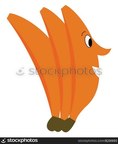 Three orange bananas placed together in which one has a face with a pointed nose vector color drawing or illustration