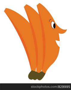 Three orange bananas placed together in which one has a face with a pointed nose vector color drawing or illustration