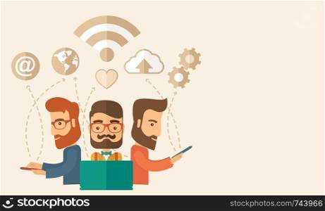 Three outstanding hipster Caucasian employees with beard discussing and sharing brilliant ideas, gathering an information, preparing for their marketing plan presentation using their tablets and laptop with wifi connection. Brainstorming, teamwork concept. A contemporary style with pastel palette, beige tinted background. Vector flat design illustration. Horizontal layout with text space in right side.. Office teamwork workers.