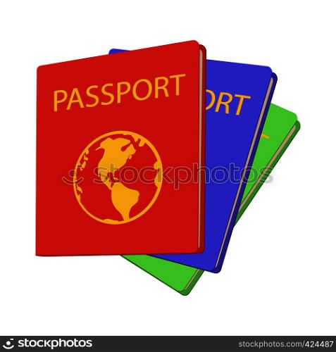 Three passports cartoon icon on a white background. Three passports cartoon icon
