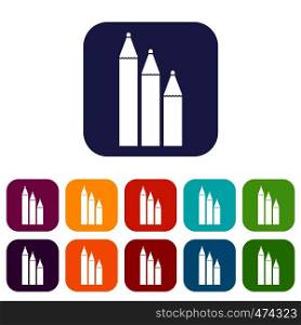 Three pencils icons set vector illustration in flat style In colors red, blue, green and other. Three pencils icons set