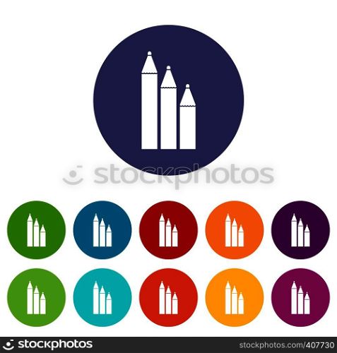 Three pencils set icons in different colors isolated on white background. Three pencils set icons