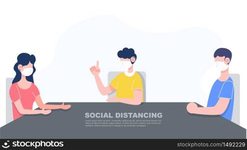 Three people in family keep distance sitting with face mask. Social distancing concept. New normal lifestyle after covid-19 pandemic flat character design vector illustration.