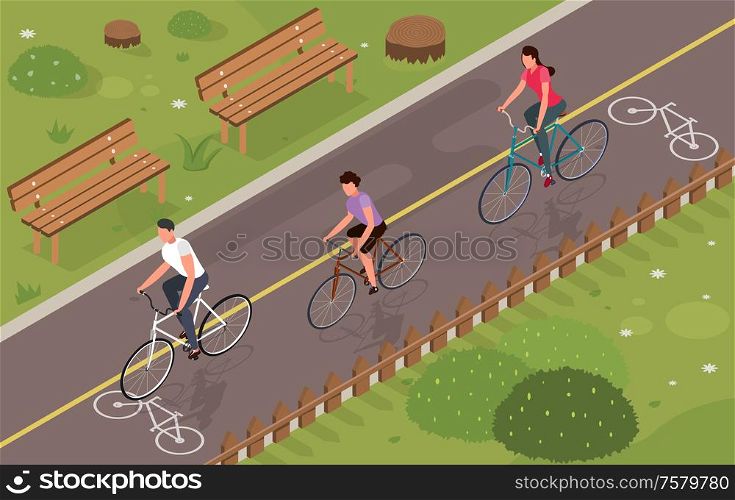 Three people riding bikes in park 3d isometric vector illustration
