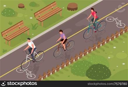 Three people riding bikes in park 3d isometric vector illustration