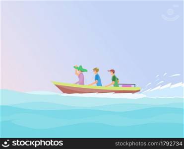 Three people sitting on a small motorboat sailing in the sea with the sky in the background.