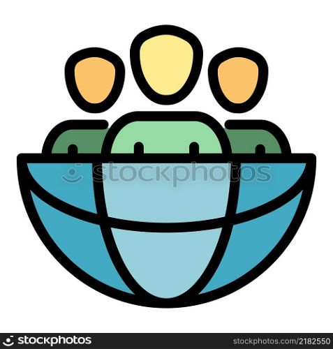 Three persons in the globe icon. Outline three persons in the globe vector icon color flat isolated. Three persons in the globe icon color outline vector