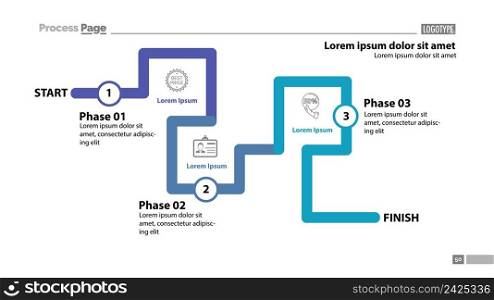 Three phase flow chart slide template. Element of diagram, infographic, flowchart. Concept for presentation, template, annual report. Can be used for topics like trade, marketing, business