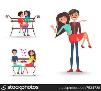 Three pretty couples in love vector illustration. Whiskered man holding happy woman, lovely pair sitting on wooden bench with red surprise and hearts.. Three Pretty Couples in Love on White Background