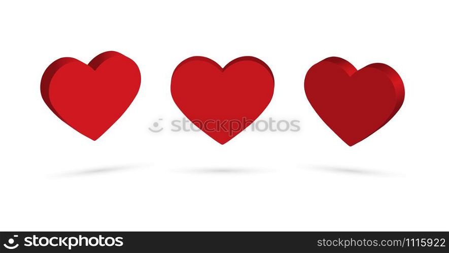 Three projections of 3D heart. Volumetric heart. Isolated on a white background.