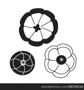 Three pumpkins top view black and white 2D cartoon object. Thanksgiving decor isolated vector outline item. Autumnal vibes. Harvest veggies. Halloween vegetables monochromatic flat spot illustration. Three pumpkins top view black and white 2D cartoon object