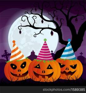 Three pumpkins with party hats in a graveyard with crosses and bats hanging from a tree with a house on the mountain in the background in front of a large moon with purple sky. Vector image