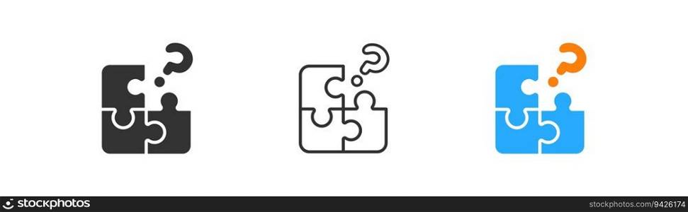 Three puzzles with question mark on light background.  Jigsaw, success symbol. Logic, idea, teamwork. Outline, flat and colored style. Flat design. Vector illustration. Three puzzles with question mark on light background.  Jigsaw, success symbol. Logic, idea, teamwork. Outline, flat and colored style. Flat design. 
