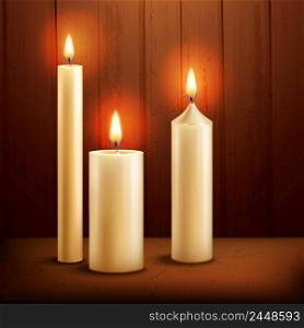 Three realistic burning wax candles on wooden texture background vector illustration. Candles realistic background