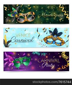 Three realistic carnival mask horizontal banner set with mardi gras venice carnival and carnival party headlines vector illustration