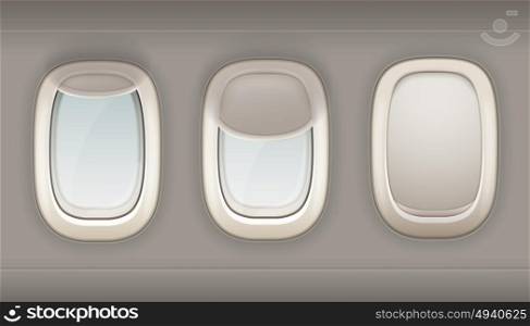 Three Realistic Portholes Of Airplane. Three realistic portholes of airplane from white plastic with open and closed window shades vector illustration