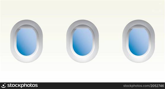 Three realistic portholes of airplane with open window,vector illustration