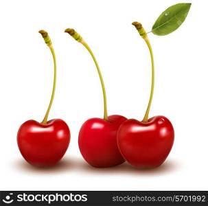 Three red cherries. Vector