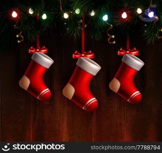 Three red christmas stockings hanging on fir twig at wooden wall background realistic vector Illustration. Three Red Christmas Stockings 
