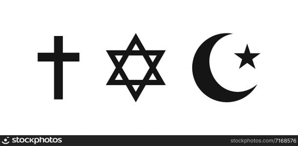 Three religions vector icon isolated on white background. Christianity, Judaism and Islam. Worship christian religion. Religions in flat style. EPS 10