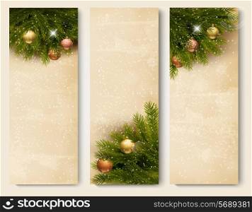 Three retro holiday banners with christmas tree branches. Vector