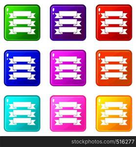 Three ribbons icons of 9 color set isolated vector illustration. Three ribbons set 9