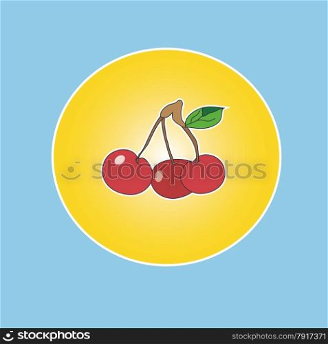 Three ripe juicy cherries in a yellow circle on a blue background