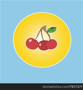 Three ripe juicy cherries in a yellow circle on a blue background