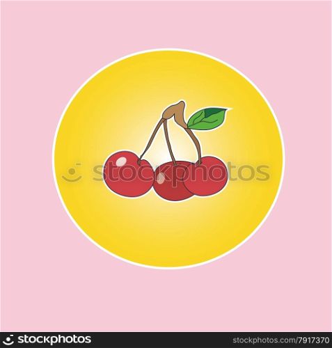 Three ripe juicy cherries in a yellow circle on a pink background