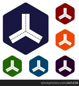 Three roads icons set hexagon isolated vector illustration. Three roads icons set hexagon