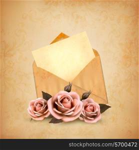 Three roses in front of an old envelope with a letter. Love letter concept. Vector.