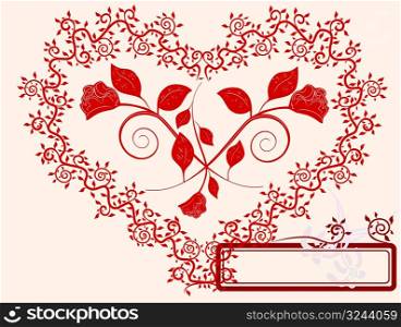Three roses inside floral heart with frame for text