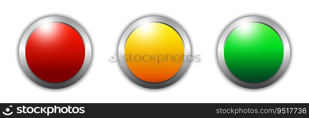 Three round blank buttons. Green, orange and red buttons. Flat vector illustration.