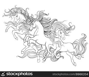 Three running unicorns with a long manes. Vector black and white contour illustration for coloring page. For the design of prints, posters, postcards, stickers, tattoo, t-shirt design, logo, sign. Running unicorns vector illustration coloring book page