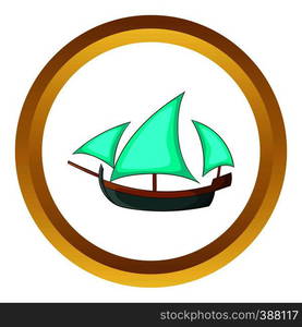 Three sailing wooden ship vector icon in golden circle, cartoon style isolated on white background. Three sailing wooden ship vector icon