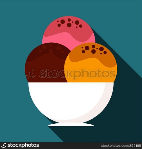Three scoops of chocolate, strawberry and vanilla ice cream in bowl icon. Flat illustration of three scoops of ice cream in bowl vector icon for web isolated on baby blue background. Three scoops of ice cream in bowl icon, flat style