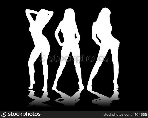 Three sexy women in white silhouette on a black background