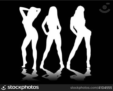 Three sexy women in white silhouette on a black background