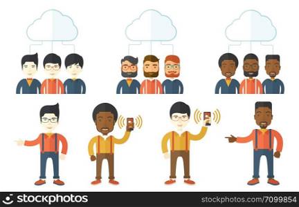 Three smiling businessmen connected to one cloud. Business people using cloud computing technology. Concept of cloud computing technology. Set of vector illustrations isolated on white background.. Vector set of illustrations with business people.