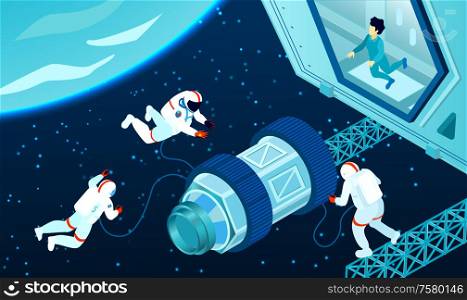 Three spacemen near cosmic station in outer space 3d isometric vector illustration