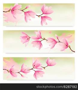 Three Spring banners with blossom brunch of pink flowers. Vector