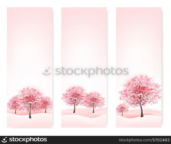 Three spring banners with blossoming sakura trees. Vector.