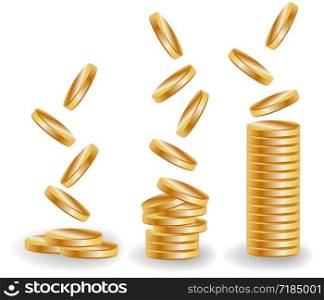 Three stacks of gold coins, an increasing income. Falling gold coins. Three stacks of gold coins, an increasing income